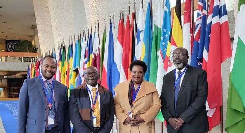 Hon. Betty Amongi poses next to to other delegates at the ILO conference