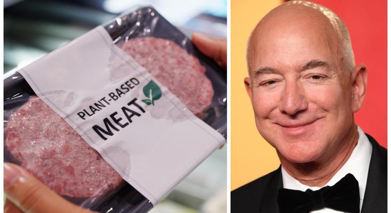 A stock image of plant-based meat and Jeff Bezos at the 2024 Vanity Fair Oscar Party.Steve Granitz/FilmMagic; Getty Images