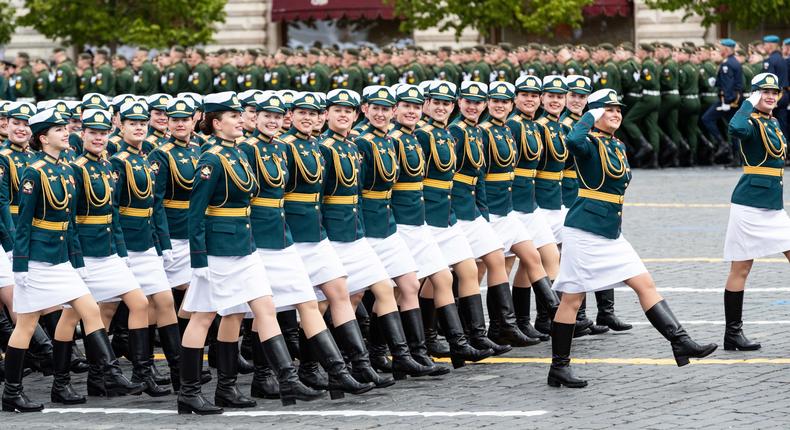 Russian servicewoman marching during the Moscow Victory Day parade on May 9, 2024.Bai Xueqi/Xinhua via Getty Images