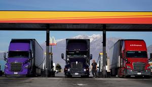 Trucks fuel up at the Love's Truck Stop in Springville, Utah, on December 1, 2021.