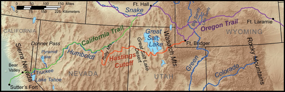 Mapa tras podjętych przez członków Wyprawy Donnera, przedstawiająca w kolorze pomarańczowym "Skrót Hastingsa" – który dodał do ich podróży 240 km. Szlak oregoński - fioletowy, Szlak kalifornijski - zielony