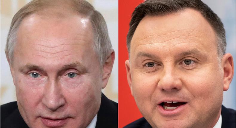 This combination of photos shows Russian President Vladimir Putin, left, on Nov. 27, 2019, in St. Petersburg, Russia, and Poland's President Andrzej Duda in Vilnius, Lithuania, on Nov. 21, 2019.