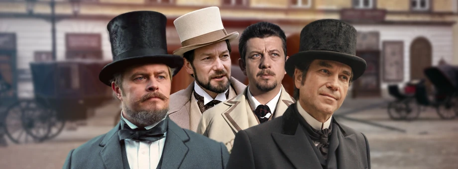 „Wokulskich czterech”, czyli Tomasz Schuchardt w serialu Netfliksa w reż. Pawła Maślony, Jerzy Kamas w serialu Telewizji Polskiej z 1977 r., Mariusz Dmochowski w filmie Wojciecha Jerzego Hasa z 1968 r. oraz Marcin Dorociński w oczekującym na premierę filmie Maciej Kawalskiego. Rozdzielczość archiwalnych fotosów podniesiona za pomocą AI.