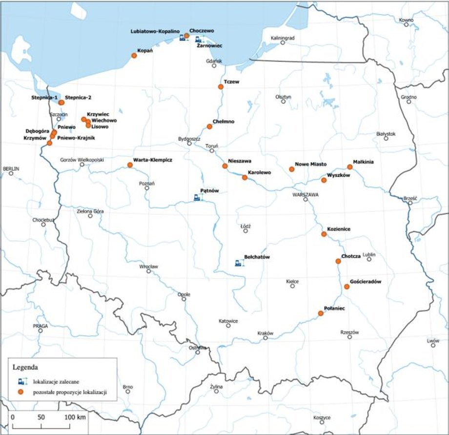 Potencjalne lokalizacje elektrowni atomowych w Polsce wskazane w PPEJ