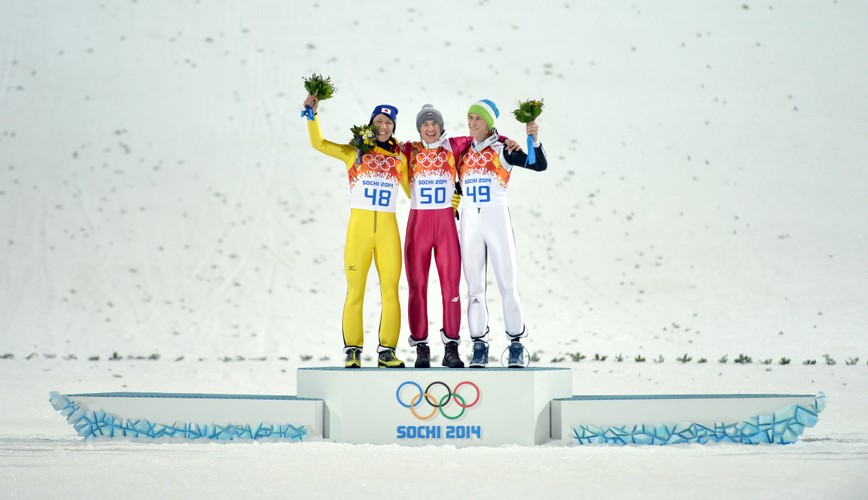 Kamil Stoch, Noriaki Kasai i Peter Prevc na podium