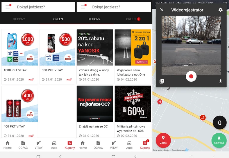 Yanosik - oprócz kuponów zniżkowych znajdziemy też funkcję wideorejestratora