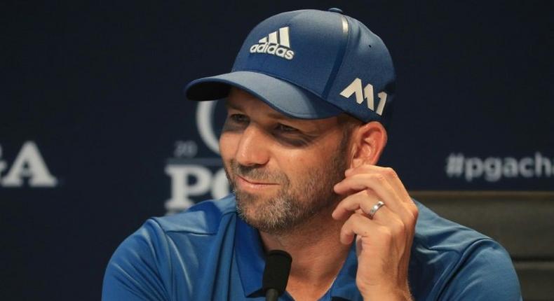 Sergio Garcia of Spain speaks during a press conference during a practice round prior to the 2017 PGA Championship at Quail Hollow Club on August 9, 2017 in Charlotte, North Carolina