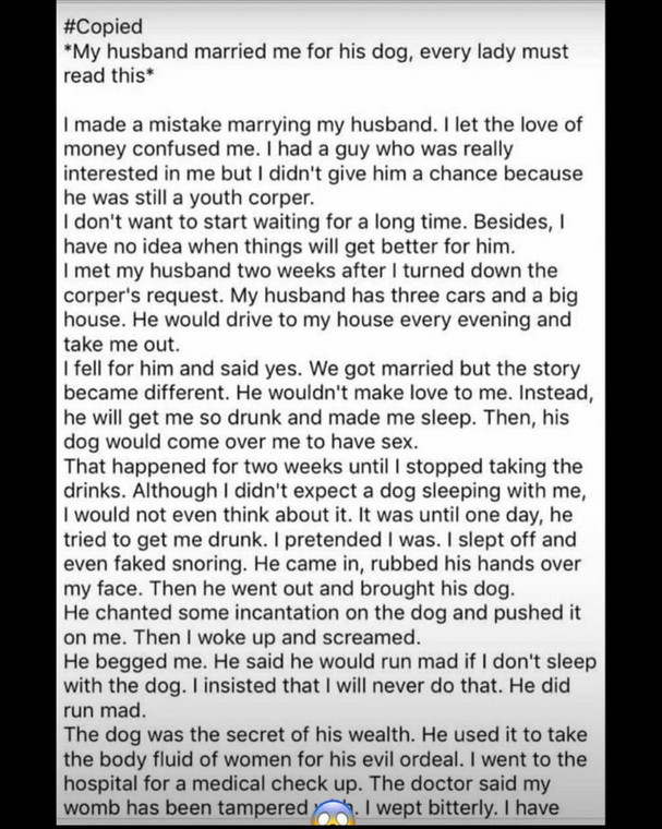 “My husband married me for his dog” – Woman narrates how she lost her womb to husband’s dog