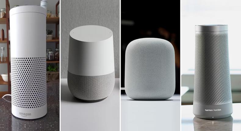 Quatre modèles d'enceintes intelligentes, de gauche à droite : Echo d'Amazon, Google Home de Google, HomePod d'Apple et Invoke de Harman Kardon, alimenté par le logiciel de reconnaissance vocale Cortana de Microsoft. (Reuters/Peter Hobson, Reuters/Beck Diefenbach, Reuters/Stephen Lam, Harman Kardon)