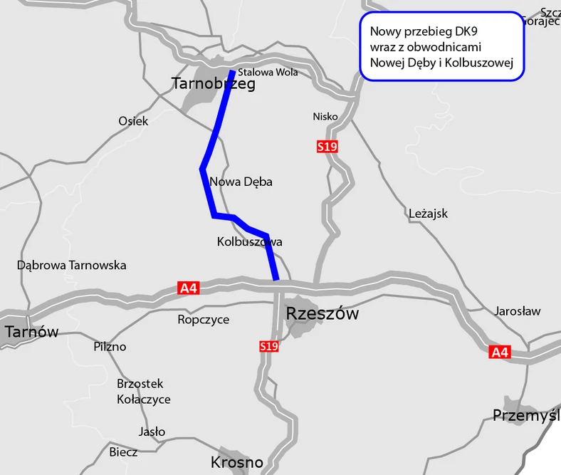 Mapa z zaznaczonym nowym przebiegiem drogi krajowej DK9