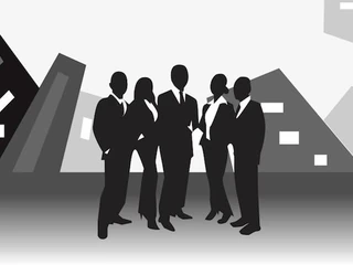 vector image of business team standing in front of office buildings