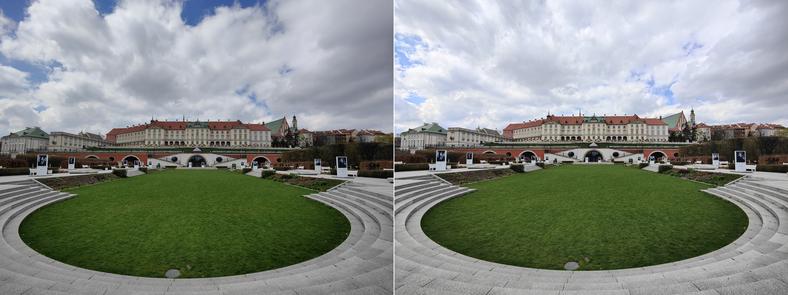 Zdjęcie szerokokątne wykonane w jakości 50 MP (po lewej) oraz interpolowany do tej samej rozdzielczości standardowy kadr szerokokątny 12,5 MP (kliknij, aby powiększyć) 