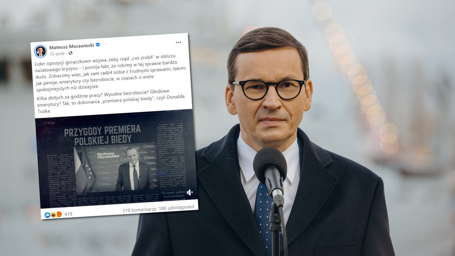 Mateusz Morawiecki i screen ze spotu z Donaldem Tuskiem