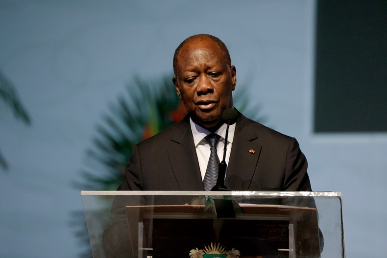 President of the Republic of Cote d'Ivoire Alassane Ouattara speaks on stage during the Economic Development Assembly: Advancing Africa's Future on October 10, 2024 in Abidjan, Ivory Coast. [Photo by Andrew Esiebo/Getty Images for Global Citizen]