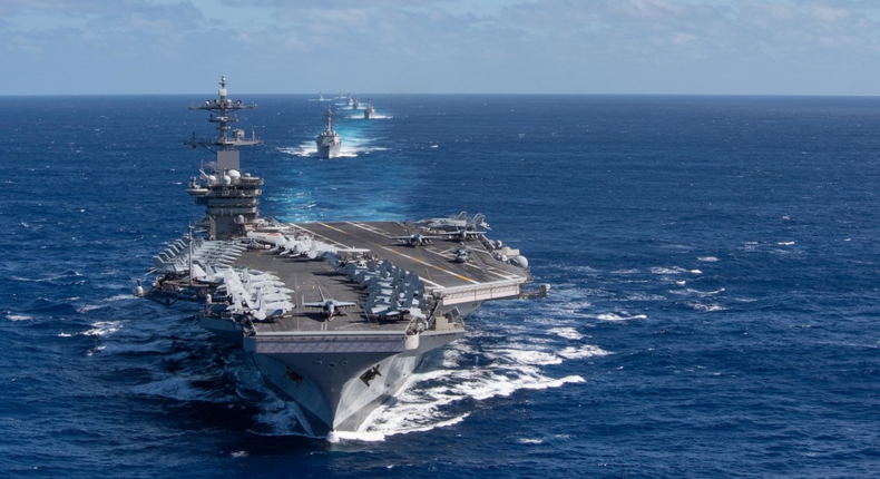 The Theodore Roosevelt Carrier Strike Group transits in formation Jan. 25, 2020. The Theodore Roosevelt Carrier Strike Group is on a scheduled deployment to the Indo-Pacific.