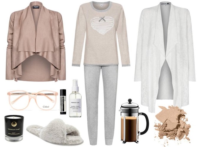 STYLIZACJE w kolorze nude: Narzutka brązowa – Mosquito/mosquito.pl, piżama – DN-NIGHTWEAR/sklep.dn-nightwear.com.pl, narzutka biała – Jelonek/jelonek.pl, akcesoria – TKMAXX/tkmaxx.pl