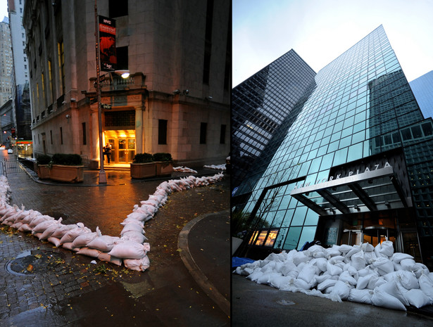 Nowy Jork przed nadejściem huraganu Sandy - z lewej zamknięty i zabarykadowany budynek nowojorskiej giełdy, z prawej jeden z biurowców na Manhattanie.