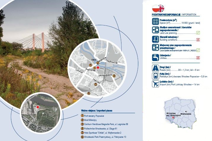 Wrocław-Popowice – tu na inwestorów czeka całkowicie niezabudowana działka. Położona jest w strefie śródmiejskiej Wrocławia, w dzielnicy Fabryczna, w pobliżu rzeki Odry i dawnego portu rzecznego 'Popowice' oraz Autostradowej Obwodnicy Wrocławia. Jej powierzchnia to: 18 883 mkw,. czyli blisko 2 hektary. Gmina dopuszcza tu zabudowę mieszkaniową, wielorodzinną. Zdj. Nieruchomości PKP Wrocław ul. Białowieska - źródło: PKP