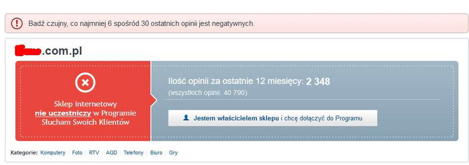 Ostrzeżenie przed negatywną opinią
