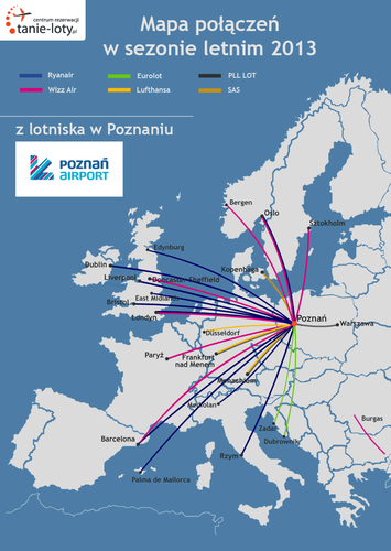 W sezonie letnim poznańskie lotnisko będzie oferować loty w 25 kierunkach. Połączenia będą obsługiwane przez czterech przewoźników tradycyjnych (Polskie Linie Lotnicze LOT, Lufthansę, Skandynawskie Linie Lotnicze SAS oraz Eurolot), a także dwóch przewoźników niskokosztowych – Ryanair i Wizz Air. Od 24 marca Ryanair wznowił rejsy do Mediolanu Bergamo, zaś 25 marca powróciło sezonowe połączenie do Palma de Mallorca Pod koniec marca Wizz Air zainauguruje nowe połączenie do Bergen w Norwegii, a także przywróci rejsy na główne lotnisko w Barcelonie - El Prat. Natomiast od 15 czerwca powróci sezonowe połączenie linii Wizz Air do Burgas w Bułgarii. Od 27 kwietnia pojawią się dwie sezonowe nowości linii Eurolot – chorwacki Zadar i Dubrownik. Natomiast od 30 kwietnia Ryanair zainauguruje nowy regularny kierunek - East Midlands w Wielkiej Brytanii. Nie obejdzie się bez redukcji siatki lotów: tylko do końca marca br. realizowane będą rejsy na trasie Poznań-Kraków, obsługiwane przez linię lotniczą Eurolot. Wizz Air podjął decyzję o restrukturyzacji swojej siatki połączeń z Poznania. W związku z tym połączenia do Dortmundu i Cork będą dostępne z Ławicy tylko do 8 kwietnia br.