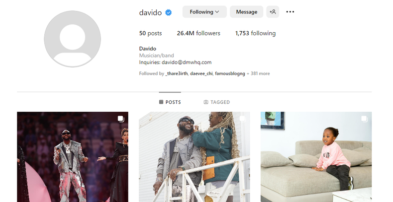 Davido clears Instagram profile, deletes over 4000 posts and profile picture