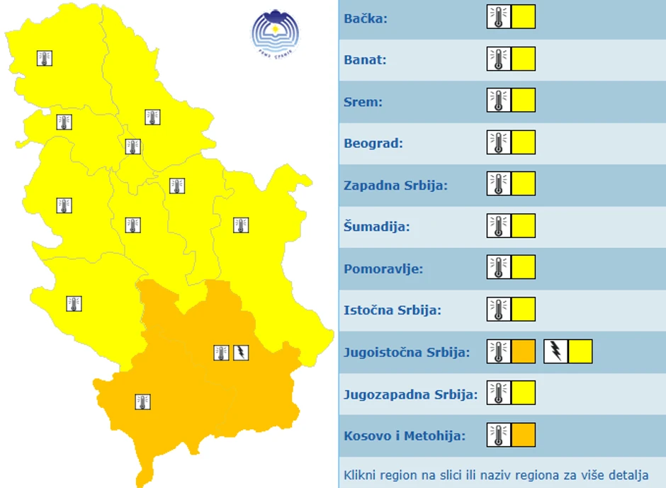 Meteoalarm za ponedeljak, 24. avgust