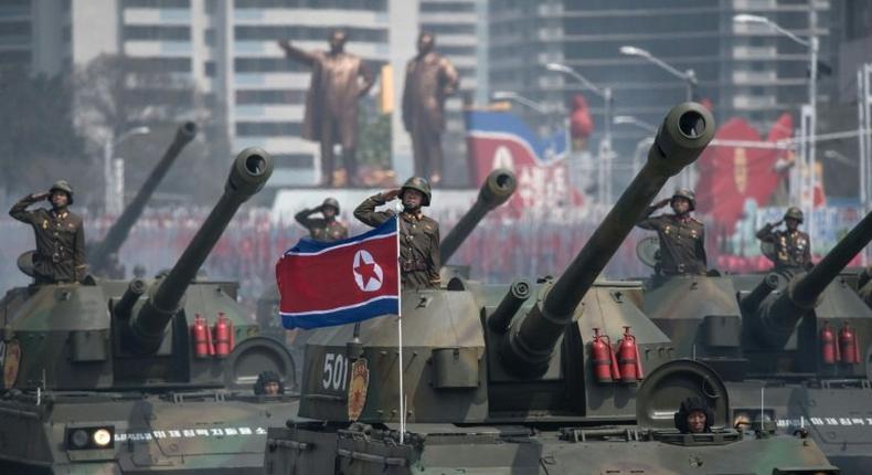 Korean People's Army tanks parade through Pyongyang on the 105th anniversary of the birth of late North Korean leader Kim Il-Sung on April 15, 2017