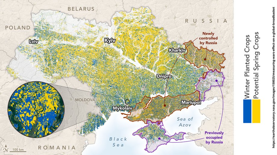 Rosysjka armia przejęła ponad 22 proc. gruntów (fot. NASA). Stan na 13 czerwca 2022 r.