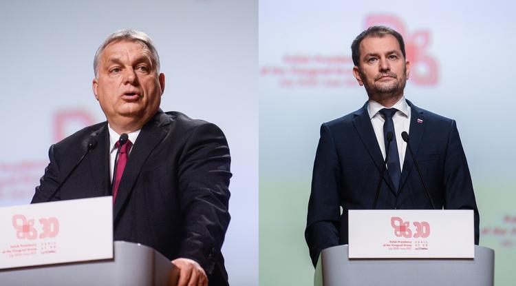 Orbán Viktor magyar, és Igor Matovic szlovák miniszterelnök a Visegrádi négyek 2021 február 17-i sajtótájékoztatóján