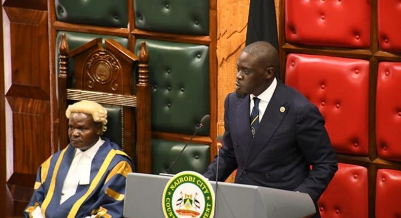 Nairobi Governor Johnson Sakaja beside County Assembly Speaker Kennedy Okeyo during the State of the County address on April 4, 2024