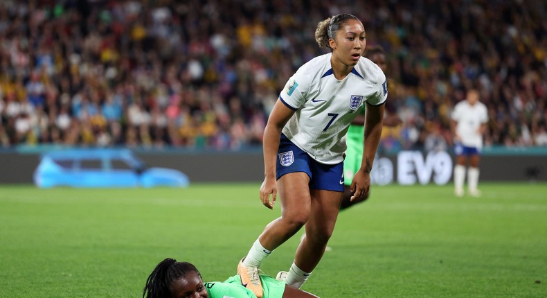 England's Lauren James stomps on Nigerian defender Michelle Alozie during their 2023 World Cup knockout-stage match.Elsa - FIFA/FIFA via Getty Images