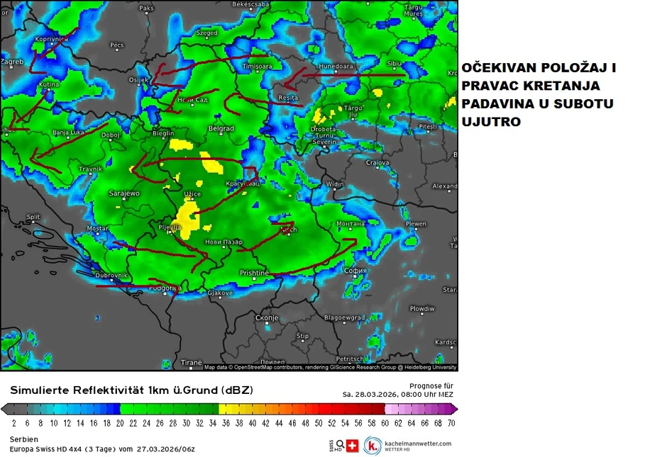 Kretanje padavina u subotu ujutru