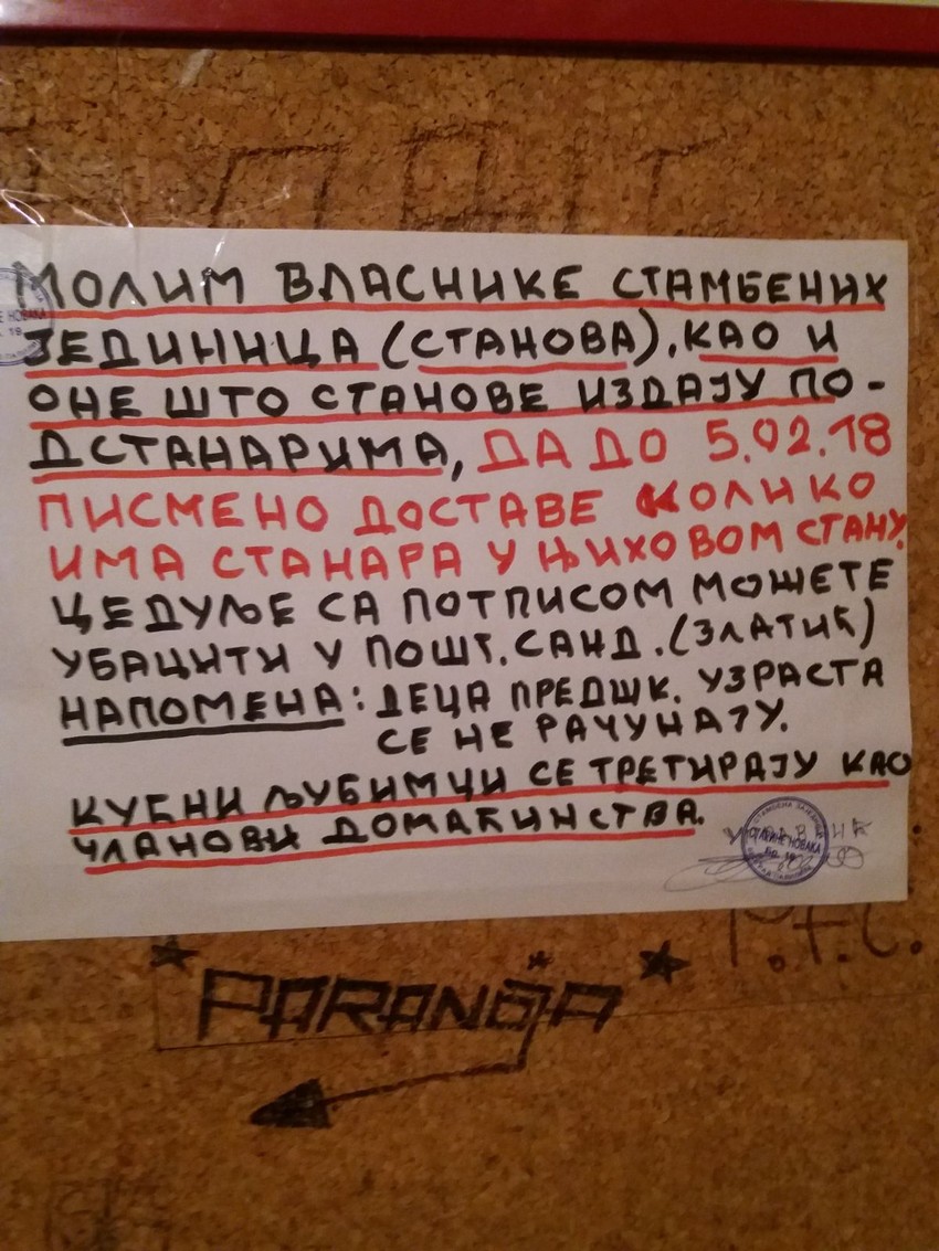 Obaveštenje u Starine Novaka 