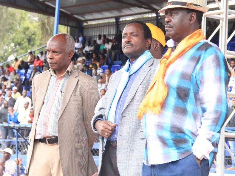 File photo of Makueni Governor Kivutha KIbwana, Wiper leader Kalonzo Musyoka and ODM's Raila Odinga  