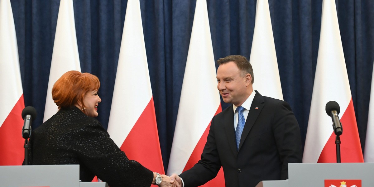 Ambasador USA w Polsce Georgette Mosbacher i prezydent Andrzej Duda