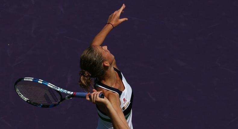 Karolina Pliskova of the Czech Republic serves against Madison Brengle of the US during their Miami Open second round match, at Crandon Park Tennis Center in Key Biscayne, Florida, on March 23, 2017