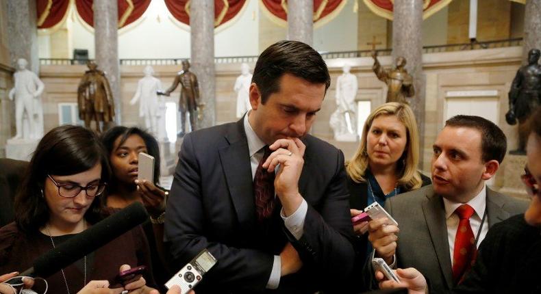 U.S. Representative Devin Nunes (R-CA) talks to reporters as he walks from the offices of House Speaker John Boehner (R-OH) (not pictured) at the U.S. Capitol in Washington, October 15, 2013. REUTERS/Jonathan Ernst