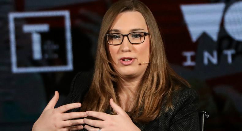 Transgender rights activist Sarah McBride speaks on stage at the Women In The World Summit in New York, U.S., April 11, 2019.