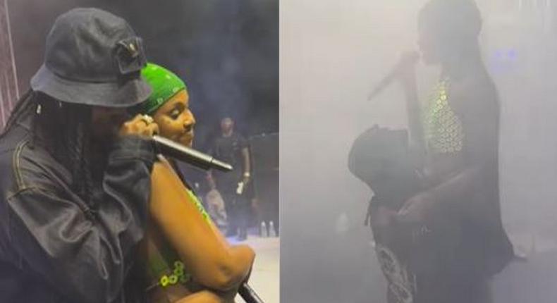 A collage image showing the moment when Diamond joined Zuchu on stage and went down on his knees