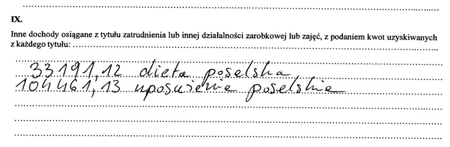 Fragment oświadczenia majątkowego Krzysztofa Bosaka