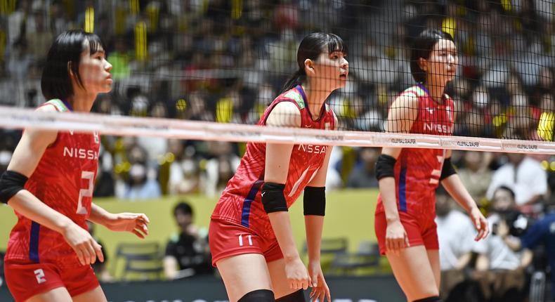 Japanese volleyball players, seen here competing at an Olympic qualification tournament in September 2023, will have new uniforms to thwart creeps.David Mareuil, Anadolu/Getty Images