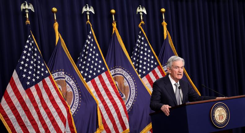 Federal Reserve Board Chairman Jerome Powell speaks during a news conference after a Federal Open Market Committee meeting on November 01, 2023 at the Federal Reserve in Washington, DC. The Federal Reserve left interest rates unchanged at a range of 5.25 percent to 5.50 percent, keeping rates the highest they have been in 23 years.Kevin Dietsch/Getty Images