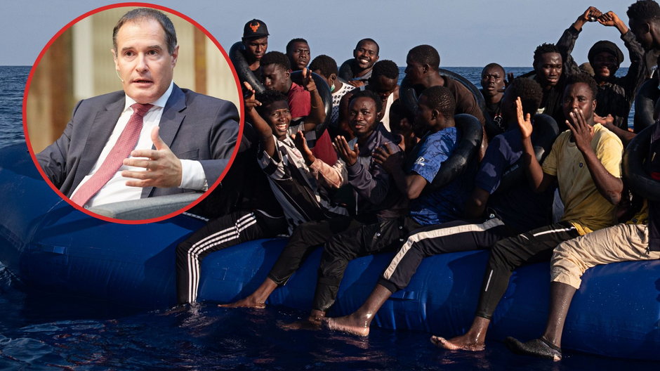 Fabrice Leggeri oraz łódź z migrantami na Morzu Śródziemnym, 2023 r.