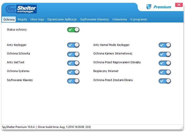 Główne okno programu do ochrony komputera przed złośliwym oprogramowaniem - SpyShelter Premium