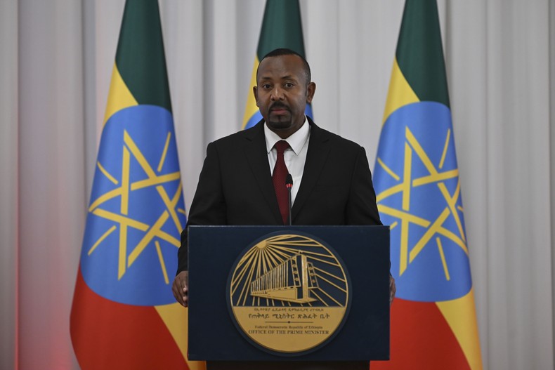 Ethiopian Prime Minister Abiy Ahmed attend press conference following the one-on-one and delegation-level talks in Addis Ababa, Ethiopia on February 17, 2026. [Photo by Utku Ucrak/Anadolu via Getty Images]