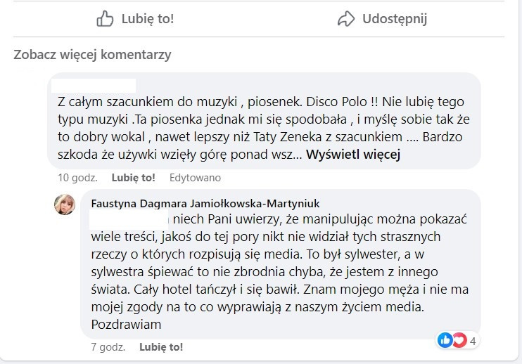 Komentarze pod postem Faustyny Jamiołkowskiej-Martyniuk