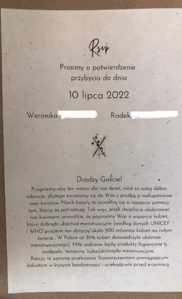 Zaproszenie ślubne Weroniki i Radka, którzy poprosili gości o produkty menstruacyjne zamiast kwiatów / Materiały prywatne rozmówczyni