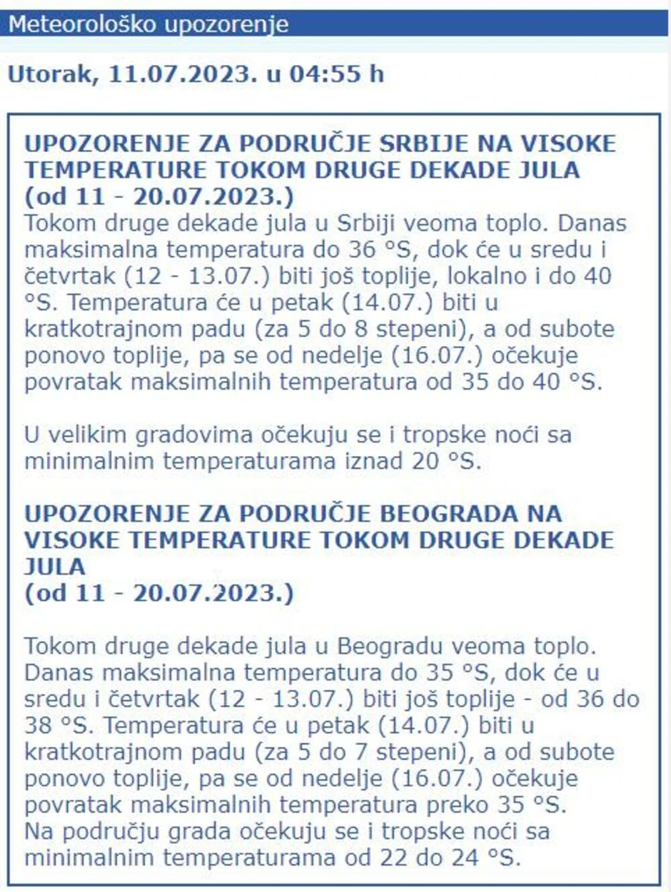 Upozorenje na visoke temperature