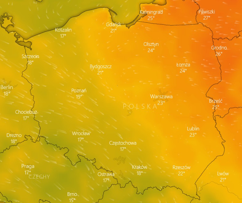 Prognoza temperatur w sobotę - godz 10