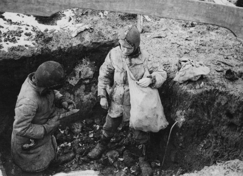 Dwóch chłopców z ziemniakami znalezionymi podczas Hołodomoru w Ukrainie. Wiosna 1934 r.